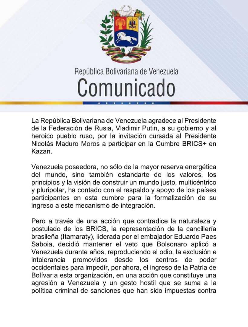 Venezuela rechaza veto de la cancillería brasileña en los Brics