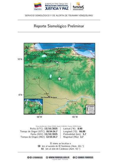 Temblor de 3,7 grados se registró en la región central de Venezuela sin víctimas ni daños